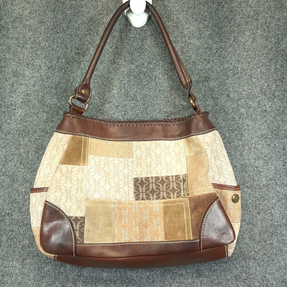 Fossil Multi-Color Canvas Shoulder Bag Leather Logo Patchwork Small Baguette